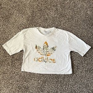 ADIDAS, size small crop t-shirt, white with orange/cream colored pattern